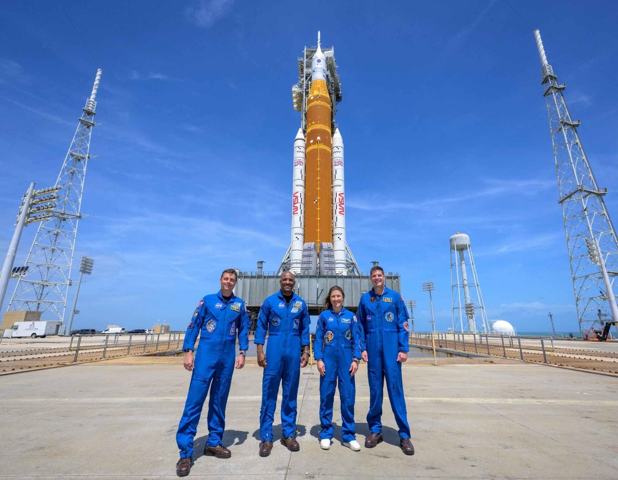 NASA astronauts (left to right) Reid Wiseman, Victor Glover, Christina Koch, and CSA (Canadian Space Agency) astronaut Jeremy Hansen, pictured at NASA's Kennedy Space Center in Florida ahead of the launch