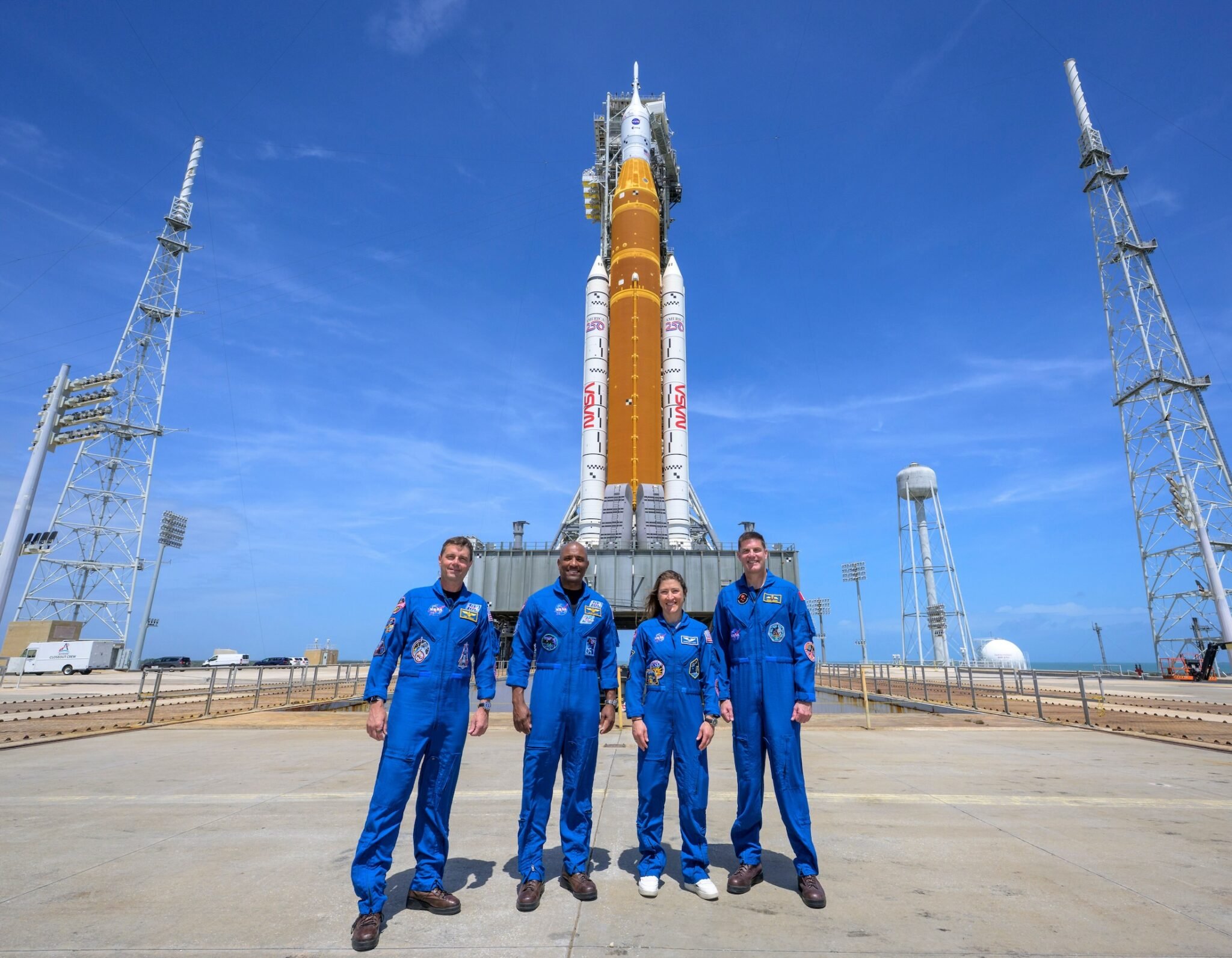 NASA astronauts (left to right) Reid Wiseman, Victor Glover, Christina Koch, and CSA (Canadian Space Agency) astronaut Jeremy Hansen, pictured at NASA's Kennedy Space Center in Florida ahead of the launch