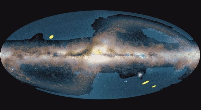 The three yellow regions are Euclid's deep fields, and the large blue region is its wide field. Other regions are avoided because they are dominated by Milky Way stars and interstellar matter or by diffuse dust in the Solar System – the so-called zodiacal light