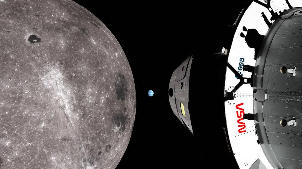 Illustration of the NASA logotype, or “worm” logo, and ESA logo are seen on the Orion spacecraft in space near the Moon on the Artemis I mission