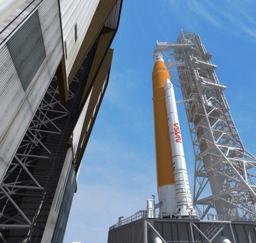 Illustration of SLS rocket and Orion spacecraft on the mobile launcher for Artemis I