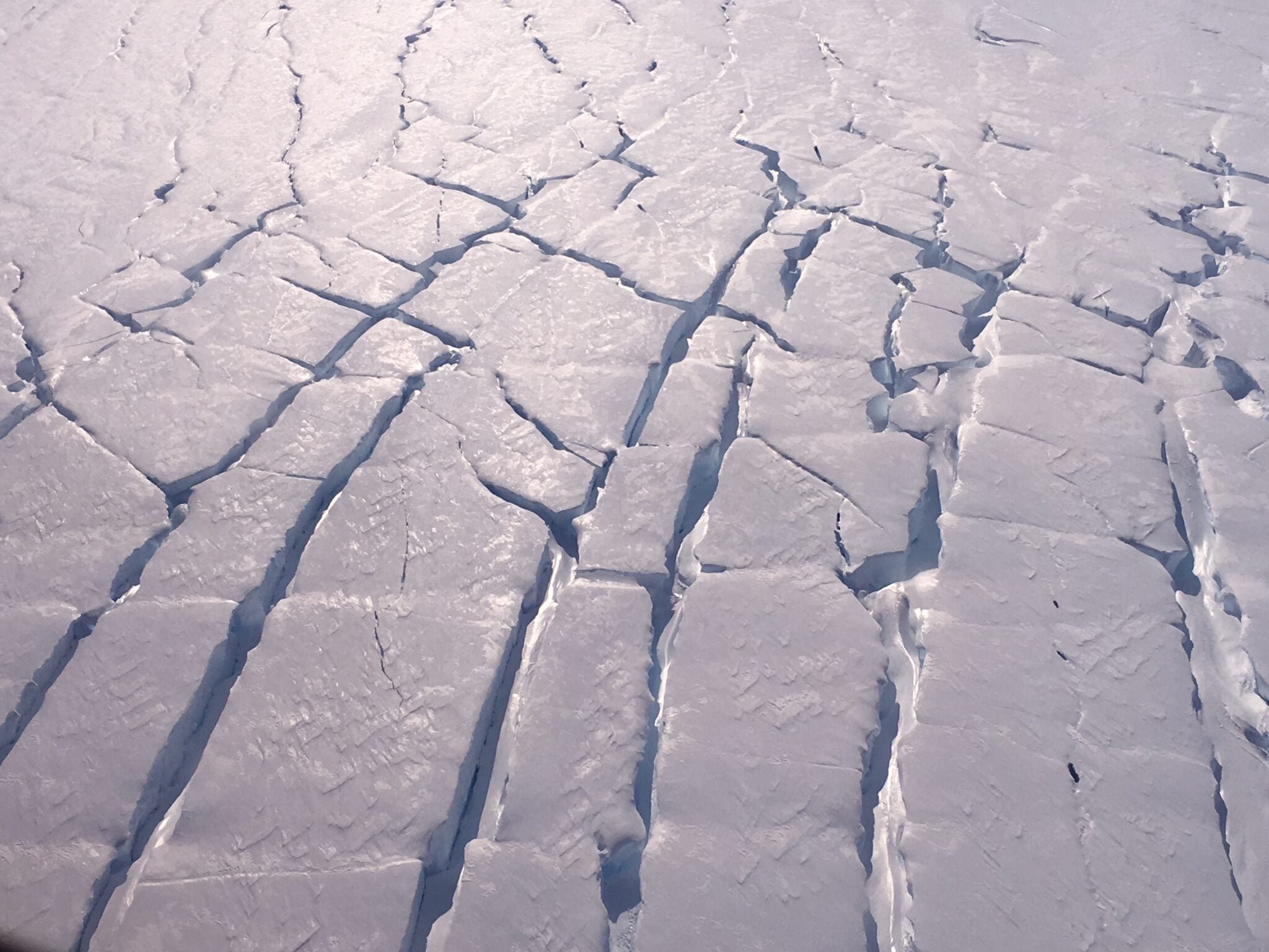 Cracks in the ice of Thwaites Glacier viewed from the air in 2020